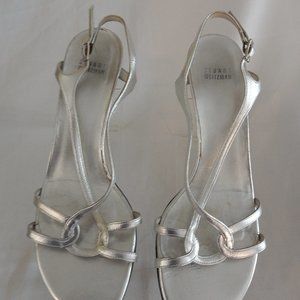 STUART WEITZMAN SILVER SLING SANDALS IN 10M